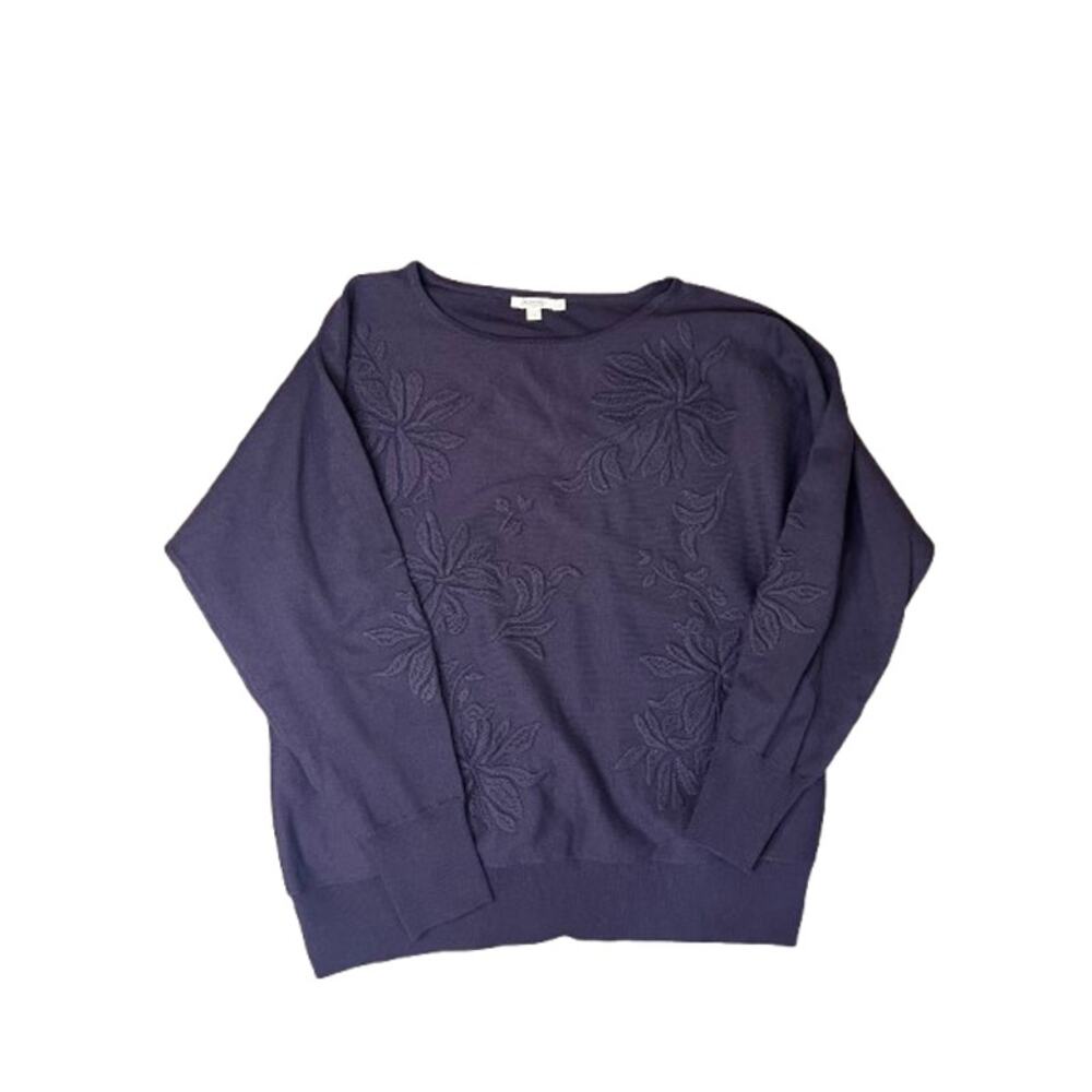 Chico's navy blue textured floral embroidered pullover wool blend sweater XL